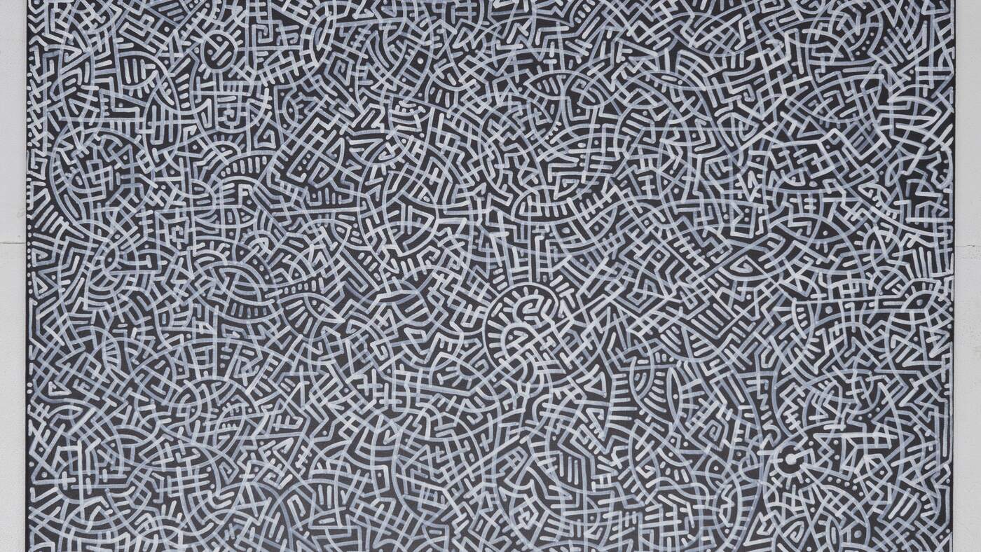 Toile, motif dense de traits blancs sur gris